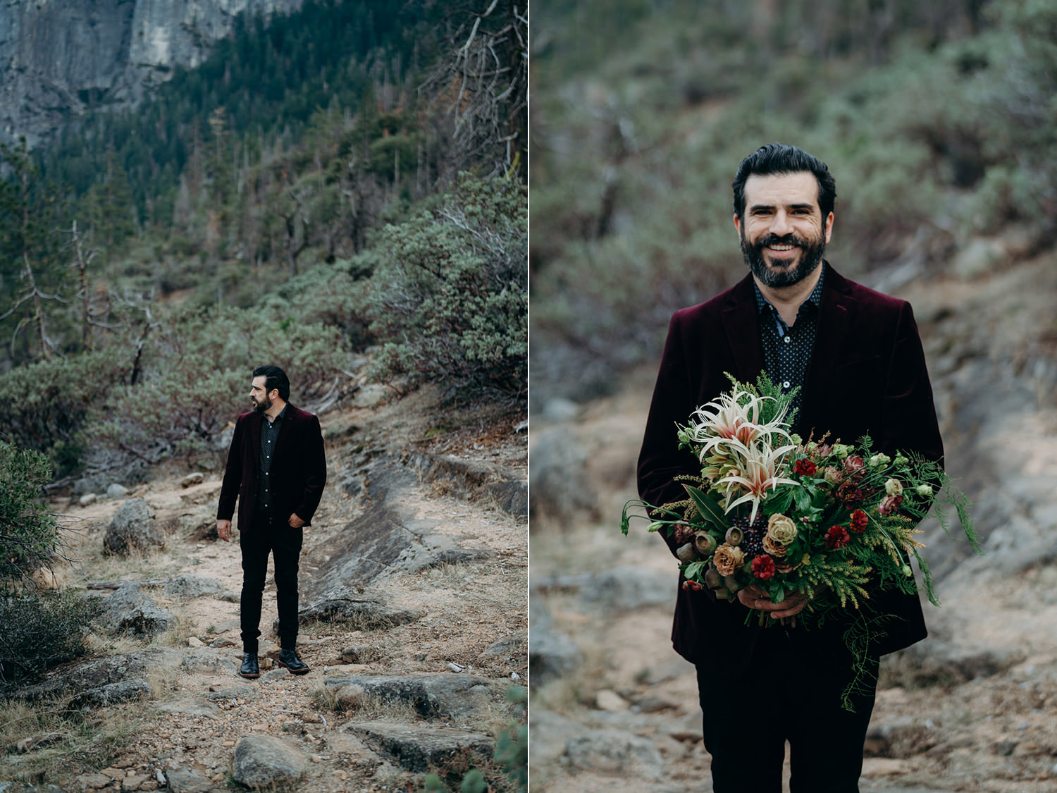 groom holding flowers yosemite